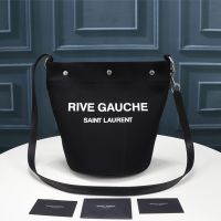 Saint Laurent Rive Gauche Bucket Bag In Linen And Leather Black