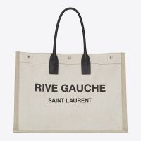 Saint Laurent Rive Gauche Tote In Linen And Leather White