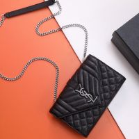 Saint Laurent Small Envelope Chain Bag In Mixed Grained Matelasse Leather Black/Silver