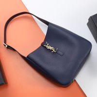 Saint Laurent Small Le 5 A 7 Supple Bag In Grained Leather Navy Blue/Gold