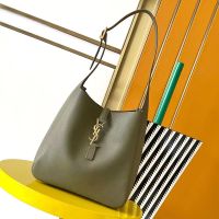 Saint Laurent Small Le 5 A 7 Supple Bag In Grained Leather Olive/Gold