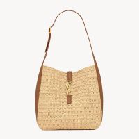 Saint Laurent Small Le 5 A 7 Supple Bag In Raffia And Leather Beige/Gold