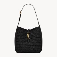 Saint Laurent Small Le 5 A 7 Supple Bag In Raffia And Leather Black/Gold