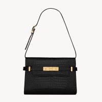 Saint Laurent Small Manhattan Shoulder Bag In Shiny Crocodile Embossed Leather Black/Gold
