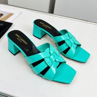 Saint Laurent Tribute Heeled Slides Women Patent Leather Teal
