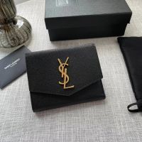 Saint Laurent Uptown Compact Wallet In Grain De Poudre Leather Black/Gold