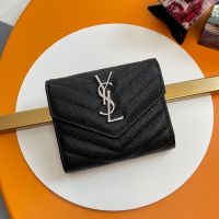 Saint Laurent Small Envelope Trifold Wallet In Grained Matelasse Leather Black/Silver