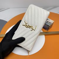 Saint Laurent Cassandre Zip Around Wallet In Matelasse Grain De Poudre Leather White/Gold