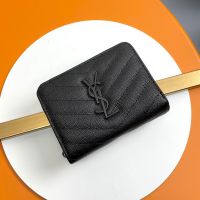 Saint Laurent Small Monogram Zip Around Wallet In Grained Matelasse Leather Black