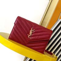 Saint Laurent Cassandre Envelope Chain Wallet In Grain De Poudre Leather Red/Gold