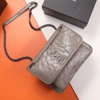 Saint Laurent Medium Niki Chain Bag In Crinkled And Quilted Leather Grey/Silver