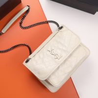 Saint Laurent Medium Niki Chain Bag In Crinkled And Quilted Leather White/Silver