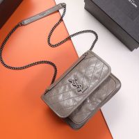 Saint Laurent Baby Niki Chain Bag In Crinkled And Quilted Leather Grey/Silver